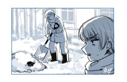 2boys axis_powers_hetalia blunt_ends boots border buttons closed_eyes day dkdmis gloves greyscale hair_between_eyes holding holding_shovel house jacket japan_(hetalia) long_sleeves looking_at_another male_focus monochrome multiple_boys no_mouth open_mouth pants russia_(hetalia) scarf short_hair shovel sky snow stairs sweat teeth tree v-shaped_eyebrows window winter