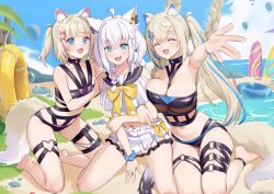 3girls :d absurdres ahoge animal_ears anklet aqua_eyes armpits barefoot beach bikini bikini_skirt black_bikini black_sailor_collar blonde_hair blue_eyes blue_hair blue_sky bow braid breasts chest_bow closed_eyes clothing_cutout cloud commentary commission crossed_bangs day dog_ears dog_girl dog_tail double-parted_bangs english_commentary fang fox_ears fox_girl fox_tail frilled_bikini frills fuwawa_abyssgard fuwawa_abyssgard_(holonatsu_paradise) hair_between_eyes hair_ornament hairclip highres hololive hololive_english holonatsu_paradise jewelry kangbus kneeling large_breasts long_hair looking_at_viewer low_twin_braids mococo_abyssgard mococo_abyssgard_(holonatsu_paradise) multicolored_hair multiple_girls navel o-ring o-ring_thigh_strap official_alternate_costume official_alternate_hairstyle open_mouth outdoors outstretched_arm parallel_hairclips pink_hair ponytail sailor_collar scrunchie second-party_source shirakami_fubuki shirakami_fubuki_(holonatsu_paradise) short_hair shoulder_cutout siblings side_braid sisters sitting skin_fang sky smile stomach streaked_hair swim_ring swimsuit tail thigh_strap twin_braids twins two_side_up very_long_hair virtual_youtuber white_bikini white_hair wrist_scrunchie x_hair_ornament yellow_bow
