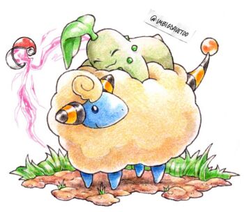 Rule 34 | animal focus, chikorita, closed eyes, closed mouth, dirt, fluffy, full body, gen 2 pokemon, grass, imbigdavetoo, leaf, lying on animal, mareep, nintendo, no humans, outdoors, poke ball, poke ball (basic), pokemon, pokemon (creature), pokemon focus, sheep, smile, tail