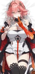 1girl absurdres bare_shoulders black_thighhighs blush breasts changli_(wuthering_waves) closed_mouth colored_extremities cowboy_shot dakimakura_(medium) hair_extensions highres large_breasts long_hair looking_at_viewer no_panties off_shoulder otakueden1995 red_hair red_hands solo thigh_strap thighhighs thighs white_hair wuthering_waves yellow_eyes