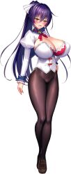 Rule 34 | 1girl, absurdres, blush, breasts, brown shoes, derauea, full body, game cg, hand on own hip, high ponytail, highres, huge breasts, juliet sleeves, long hair, long sleeves, milk factory, minase maya, motto! haramase! honoo no oppai chou ero appli gakuen!, no panties, no pants, non-web source, official art, open mouth, pantyhose, ponytail, puffy sleeves, purple hair, red ribbon, ribbon, school uniform, shirt, shoes, sidelocks, solo, sprite, sprite art, standing, tachi-e, transparent background, white shirt, yellow eyes