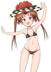 1girl artist_request bikini bow brown_eyes brown_hair curvy feet_out_of_frame girls_und_panzer hair_bow highres kadotani_anzu long_hair looking_at_viewer navel open_mouth parted_bangs smile solo string_bikini swimsuit thong thong_bikini twintails white_background wide_hips
