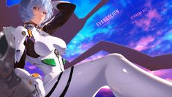 1girl ayanami_rei blue_hair bodysuit breasts character_name commentary copyright_name english_commentary highres interface_headset_(evangelion) kuro_kotek looking_at_viewer mecha mecha_pilot_suit neon_genesis_evangelion plugsuit_(evangelion) red_eyes robot short_hair solo thighhighs white_bodysuit