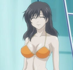 Rule 34 | 00s, bikini, blue eyes, breasts, cleavage, closed eyes, iseshima aya, smile, stitched, swimsuit, third-party edit, zettai shougeki