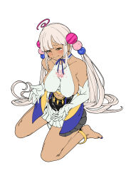1girl anklet bare_shoulders barefoot blue_nails blush breasts closed_mouth crying crying_with_eyes_open dark-skinned_female dark_skin elbow_gloves floozybear gloves hair_ornament hololive hololive_english jewelry large_breasts light_brown_hair long_hair planet_hair_ornament pleated_skirt shirt sidelocks sitting skirt solo tears tsukumo_sana twintails very_long_hair virtual_youtuber wariza white_background white_gloves white_shirt white_skirt yellow_eyes