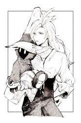 2boys blouse carrying carrying_person cat_earth2 coat corset expressionless feather_hair feathers final_fantasy final_fantasy_ix frilled_sleeves frills gloves greyscale hand_on_own_hip hand_up hat height_difference high_collar highres kuja lipstick long_hair long_sleeves looking_to_the_side makeup male_focus monochrome multiple_boys pants puffy_long_sleeves puffy_pants puffy_sleeves shirt shoes sketch solid_oval_eyes striped_clothes striped_pants upper_body vertical-striped_clothes vertical-striped_pants vivi_ornitier witch_hat