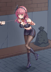 1girl absurdres alternate_costume angel_beats! arms_behind_back bare_shoulders bdsm black_boots black_bow black_choker black_hairband black_pantyhose blunt_bangs blush bondage boots bound bound_arms bow breasts cap_(user_dxfj5558) choker cleavage clenched_teeth collar collarbone commentary crop_top eyelashes eyes_visible_through_hair feather_hair_ornament feathers figure_story full_body green_eyes hair_bow hair_ornament hairband high_heel_boots high_heels highres knee_boots large_variant_set leaning_forward leash long_hair looking_ahead medium_breasts midriff miniskirt nakamura_yuri outdoors pantyhose pencil_skirt public_indecency purple_hair shibari shibari_over_clothes shorts side_slit skindentation skirt solo standing standing_on_one_leg teeth thighband_pantyhose v-shaped_eyebrows variant_set