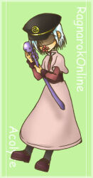 Rule 34 | 1girl, acolyte (ragnarok online), ark kan, black hat, brown shirt, capelet, character name, closed mouth, comic sans, commentary request, copyright name, flower, flower in mouth, full body, green background, grey capelet, grey skirt, hat, holding, holding staff, long sleeves, lowres, peaked cap, pink flower, ragnarok online, shaded face, shirt, short hair, skirt, skull, solo, staff, standing