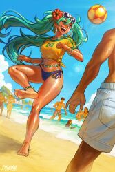 anklet aqua_eyes aqua_hair ball barefoot beach bead_belt bead_necklace beads bikini blue_bikini bracelet brazilian_flag brazilian_flag_print brazilian_miku commentary day earrings english_commentary flag_print flower hair_flower hair_ornament hatsune_miku highres itslaghy jewelry long_hair necklace ocean open_mouth outdoors print_shirt red_flower shirt shorts side-tie_bikini_bottom signature sky soccer_ball soles solo_focus standing standing_on_one_leg swimsuit teeth tied_shirt twintails upper_teeth_only vocaloid waves white_shorts