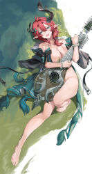 1girl 463_jun absurdres barefoot blush breasts chinese_commentary ciaccona_(wuthering_waves) collarbone commentary_request convenient_censoring feet frilled_wrist_cuffs frills from_above full_body green_eyes green_jacket groin highres holding holding_instrument instrument jacket knee_up large_breasts looking_at_viewer lying mole mole_under_eye multiple_moles naked_jacket nude on_back open_mouth pointy_ears red_hair smile solo tacet_mark_(wuthering_waves) thighs toes tree_horns wet white_wrist_cuffs wrist_cuffs wuthering_waves