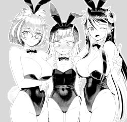 3girls alternate_costume animal_ears arm_under_breasts blush bow bowtie breast_envy breasts buren cleavage closed_mouth commentary_request cowboy_shot curled_horns demon_girl demon_horns demon_tail detached_collar fake_animal_ears fake_tail fang flat_chest glasses greyscale hair_between_eyes hand_on_another&#039;s_shoulder hebiyoi_tier highres horns large_breasts leotard long_hair looking_at_viewer monochrome multicolored_hair multiple_girls nanashi_inc. open_mouth oura_rukako playboy_bunny pointy_ears rabbit_ears rabbit_tail rectangular_eyewear semi-rimless_eyewear shishio_chris sidelocks simple_background smile strapless strapless_leotard tail two-tone_hair under-rim_eyewear virtual_youtuber wrist_cuffs