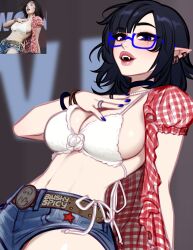 Rule 34 | 1girl, artist name, belt, black hair, blue-framed eyewear, blue eyes, blue nails, blurry, blushyspicy, bracelet, breasts, character name, choker, cleavage, commentary, cosplay, depth of field, earrings, english commentary, fangs, gingham, glasses, highres, jewelry, kwon eun-bi, kwon eun-bi (cosplay), large breasts, medium hair, midriff, mole, mole under eye, multiple earrings, nail polish, navel, office workers (blushyspicy), open mouth, pointy ears, reference inset, semi-rimless eyewear, short sleeves, shorts, solo, star (symbol), under-rim eyewear, vampire, vivian seong (blushyspicy)