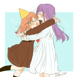 2girls :d alternate_costume arms_around_neck black_socks blue_background blush border brown_dress cerise_bouquet closed_eyes dress feet_out_of_frame hair_ornament hasu_no_sora_school_uniform hat hinoshita_kaho hug kase_(ks_lys) link!_like!_love_live! long_hair long_sleeves love_live! medium_dress medium_hair multiple_girls neckerchief open_mouth otomune_kozue outside_border party_hat profile purple_hair rabbit_hair_ornament red_neckerchief sailor_collar sailor_dress school_uniform sidelocks simple_background smile socks standing twitter_username two_side_up virtual_youtuber white_border white_dress white_sailor_collar winter_uniform yellow_hat