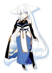 Rule 34 | 1girl, animal ears, bad id, bad twitter id, blue eyes, breasts, bridal gauntlets, elbow gloves, fingerless gloves, fox ears, fox girl, fox tail, gloves, hakama, hakama skirt, hip vent, japanese clothes, konshin, large breasts, leotard, leotard under clothes, long hair, looking at viewer, original, skirt, solo, tail, thighhighs, toeless legwear, white hair, wide hips