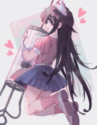 1girl bandaged_arm bandaged_leg bandages bandaid bandaid_on_leg bandaid_on_thigh blue_skirt boots commentary danganronpa_(series) danganronpa_2:_goodbye_despair english_commentary from_behind hat heart highres holding holding_syringe large_syringe long_hair looking_at_viewer looking_back nurse_cap open_mouth oversized_object pink_boots pink_shirt purple_eyes purple_hair remonoart shirt short_sleeves simple_background skirt smile solo syringe teeth tsumiki_mikan upper_teeth_only very_long_hair white_background white_hat