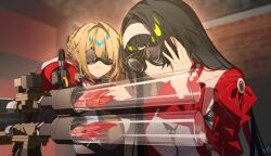 2girls astra_yao bare_shoulders black_choker black_gloves black_hair blonde_hair blurry blurry_background breasts brick_wall choker commentary_request elbow_gloves evelyn_chevalier gloves goggles hair_intakes hairband indoors jacket long_hair looking_at_object medium_breasts multiple_girls nara_nakiri necktie red_jacket shirt short_hair shrimp sleeveless sleeveless_shirt white_hairband white_shirt yellow_necktie zenless_zone_zero