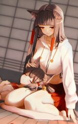 2girls akagi-chan_(azur_lane) akagi_(azur_lane) animal_ears azur_lane bare_legs bell blush breasts brown_hair casual closed_eyes commentary english_commentary eyeshadow fox_ears fox_girl full_body hair_bell hair_between_eyes hair_ornament hairclip half-closed_eyes hand_on_another&#039;s_head hand_on_own_stomach happy headpat highres hood hood_down hoodie indoors kana_yukino long_hair makeup medium_breasts medium_hair multiple_girls no_tail orange_eyes parted_lips red_eyeshadow red_sailor_collar red_skirt sailor_collar sakura_empire_(emblem) school_uniform serafuku sitting skirt sleeping smile thighs very_long_hair white_hoodie white_serafuku