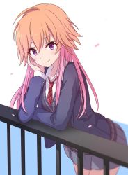 2_nostg ahoge black_vest blue_jacket breasts fence grey_skirt hand_on_own_face idolmaster idolmaster_cinderella_girls jacket light_brown_hair long_hair long_sleeves looking_at_viewer multicolored_hair necktie ninomiya_asuka on_fence open_collar petals pink_hair purple_eyes red_necktie school_uniform shirt skirt small_breasts smile solo two-tone_hair vest white_background white_shirt