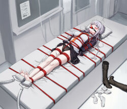 1girl absurdres ball_gag barefoot bdsm black_panties blazer bondage boots bound bound_arms bound_legs breasts collared_shirt crotch_rope danganronpa:_trigger_happy_havoc danganronpa_(series) gag gagged grey_hair highres jacket kirigiri_kyoko kumachi_(aikawaakeya) long_hair looking_at_viewer lying medium_breasts necktie on_back orange_necktie panties purple_eyes restrained shibari shibari_over_clothes shirt skindentation soles solo tickling tickling_feet underwear unworn_boots very_long_hair white_shirt wiffle_gag