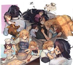 5girls absurdres apron baking baking_sheet black_shirt blonde_hair blue_apron blue_hair blue_shirt blush child clorinde_(genshin_impact) closed_eyes closed_mouth commentary cuddling eggshell english_commentary english_text food food_on_face genshin_impact hair_ornament hairclip highres holding holding_spatula if_they_mated ips_cells long_hair maie_(masayaso) mixing_bowl mother_and_daughter multiple_girls navia_(genshin_impact) pastry_bag purple_eyes shirt short_sleeves sleeping smile spatula stuffed_toy sweat twitter_username under_covers white_shirt wife_and_wife yuri