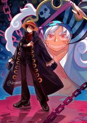 1boy black_coat black_hair black_jacket black_necktie black_pants chain closed_mouth coat coat_on_shoulders collared_shirt commentary_request facial_scar full_body gear_fifth grin hat highres jacket ki2ri5 male_focus monkey_d._luffy multiple_boys necktie one_piece open_clothes open_shirt pants pirate_hat red_eyes red_shirt scar scar_on_cheek scar_on_chest scar_on_face shirt smile standing straw_hat teeth transformation twitter_username upper_body white_hair white_shirt