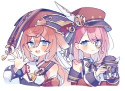 2girls :d aqua_eyes ayase_(user_ytjw3843) bare_shoulders camera charlotte_(genshin_impact) cropped_torso detached_sleeves eye_contact genshin_impact gradient_eyes hair_behind_ear hair_between_eyes hand_up hat holding holding_camera light_blush light_smile long_hair long_sleeves looking_at_another multicolored_eyes multiple_girls neck_ribbon open_hand open_mouth palms pink_hair red_hat ribbon short_hair simple_background smile split_mouth teeth upper_teeth_only white_background yanfei_(genshin_impact)