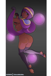 1girl ass bad_source breasts dark-skinned_female dark_skin female_focus green_eyes grey_background looking_at_viewer looking_back medium_breasts menat noise_tanker parted_lips purple_hair short_hair sideboob solo stirrup_legwear street_fighter toeless_legwear topless_female