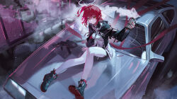 1girl absurdres arknights black_jacket broken_glass car closed_mouth dawder dress exusiai_(arknights) exusiai_the_new_covenant_(arknights) glass gun halo highres holding jacket kriss_vector long_sleeves looking_at_viewer motor_vehicle on_car one_side_up open_clothes open_jacket orange_eyes outdoors red_hair short_hair sitting smoke solo submachine_gun thighhighs traditional_halo weapon white_dress white_thighhighs wide_shot