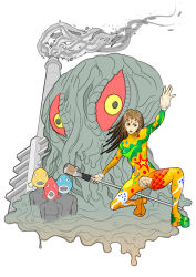 2boys 2girls alien artist_request bodypaint bodystocking breasts colored_sclera eyeshadow fujinomiya_miki giant giant_monster glowing glowing_eyes godzilla_(series) godzilla_vs._hedorah hedorah highres hippie kaiju long_hair makeup mask microphone microphone_stand monster multiple_boys multiple_girls nude pollution red_eyes red_sclera slime_(creature) slime_(substance) smoke smokestack toho