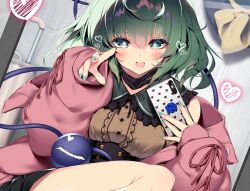 1girl ahoge black_skirt blush commentary_request green_eyes green_nails hat unworn_hat unworn_headwear heart highres holding holding_phone hood hoodie indoors komeiji_koishi looking_at_viewer open_mouth phone pink_hoodie sakurame skirt solo touhou