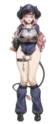 1girl absurdres animal_ears aqua_eyes blue_hat blush breasts commentary cow_ears cow_girl cow_horns cow_tail groin hat highres holding holding_phone horns huge_breasts long_hair long_sleeves looking_at_viewer open_mouth original phone pink_hair police_hat simple_background solo tail thighs veksoo white_background