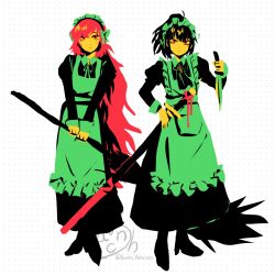 2girls apron black_dress black_hair black_shoes bow broom collared_shirt dress full_body green_apron green_bow highres holding holding_broom holding_knife holding_sword holding_weapon ishmael_(project_moon) juliet_sleeves knife limbus_company limited_palette long_hair long_sleeves looking_at_viewer maid maid_apron maid_headdress multiple_girls orange_hair ponytail project_moon puffy_sleeves red_eyes ryoshu_(project_moon) shirt shoes simple_background standing sword vancho_vakurets weapon white_background wuthering_heights_(identity)_(project_moon)