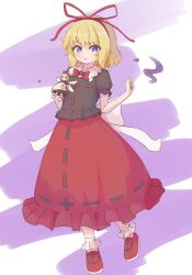 Rule 34 | 2girls, black shirt, black skirt, blonde hair, blue eyes, bow, bubble skirt, frilled shirt, frilled shirt collar, frilled skirt, frilled sleeves, frilled socks, frills, highres, holding, holding mini person, long skirt, looking at viewer, medicine melancholy, mini person, multiple girls, nora koutya, open mouth, poison, puffy sleeves, red bow, red ribbon, red shirt, red shoes, red skirt, ribbon, shirt, shoes, short hair, skirt, socks, su-san, touhou