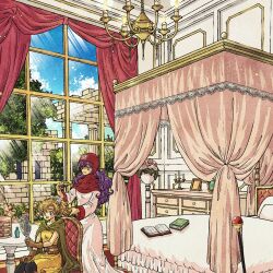 2girls bed bedroom black_pants blonde_hair book bow brick_wall brown_gloves brushing_hair candlestand canopy_bed capelet chandelier cloak cousins dragon_quest dragon_quest_ii gloves green_cloak hair_bow highres holding holding_milk_carton hood hood_up hooded_capelet long_hair milk_carton multiple_girls open_book open_mouth pants parted_lips ponytail princess_of_moonbrook princess_of_samantoria purple_hair red_hood robe roto&#039;s_emblem sitting smile staff sunlight toriga tunic white_bow white_robe window yellow_tunic