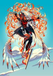 1boy black_wings blue_background claws cloud colored_inner_hair colored_tongue dark-skinned_male dark_skin edarow feathered_wings fire full_body glowing glowing_eyes glowing_hair grin head_wings headdress large_pectorals looking_at_viewer low_wings male_focus multicolored_hair nail_polish no_feet orange_hair orange_tongue original outstretched_arms pectorals pointy_ears red_eyes red_hair red_nails sky smile solo toned toned_male wings