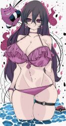 1girl @_@ black_hair breasts cleavage hair_between_eyes hex_maniac_(pokemon) hex_maniac_(pokemon_legends:_z-a) huge_breasts lace lace-trimmed_swimsuit lace_trim large_breasts long_hair looking_at_viewer mature_female messy_hair nintendo pokemon pokemon_legends:_z-a purple_eyes purple_hair swimsuit thigh_strap very_long_hair