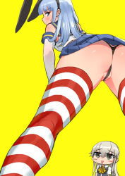 2girls absurdres ass black_panties blue_eyes blue_hair blush_stickers closed_mouth cosplay costume_switch elbow_gloves from_behind gloves grey_hair hatsukaze_(kancolle) hatsukaze_(kancolle)_(cosplay) highres horizontal-striped_thighhighs kantai_collection long_hair looking_back miniskirt multiple_girls open_mouth osananajimi_neko panties partially_visible_vulva pleated_skirt sailor_collar shimakaze_(kancolle) shimakaze_(kancolle)_(cosplay) shirt simple_background skirt sleeveless sleeveless_shirt solo_focus spread_legs striped_clothes striped_thighhighs sweat thighhighs thong underwear white_gloves yellow_background