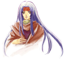 1girl aged_up arm_up bad_id cloak fire_emblem fire_emblem:_radiant_dawn headband long_hair looking_at_viewer nintendo parted_bangs purple_hair red_cloak red_headband sanaki_kirsch_altina simple_background solo suisyokyu upper_body yellow_eyes