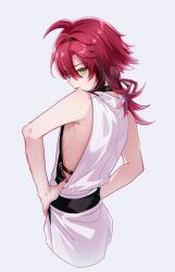 1boy bare_shoulders genshin_impact green_eyes hair_between_eyes highres japanese_clothes long_hair male_focus memerime37 mole mole_under_eye multicolored_hair ponytail red_hair shikanoin_heizou shirt smile solo streaked_hair tongue tongue_out white_background white_shirt
