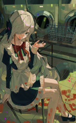 1girl absurdres apron black_dress blood blood_on_clothes blood_on_face blood_on_ground bow bowtie collared_dress dress flower frilled_dress frills green_eyes grey_hair hair_flower hair_ornament hair_over_one_eye highres iinagi_(kashiwa_keira) indoors isekaijoucho juliet_sleeves kamitsubaki_studio long_hair long_sleeves maid maid_apron maid_headdress mary_janes puffy_sleeves red_bow red_bowtie shoes sitting sleeve_cuffs solo thighhighs tile_floor tiles virtual_youtuber washing_machine white_thighhighs