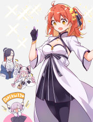 Rule 34 | 4girls, :d, = =, ^ ^, ahoge, bangle, black bow, black gloves, black hair, black pantyhose, black skirt, bow, bracelet, braid, brown bag, center frills, chaldea logo, cleavage cutout, closed eyes, closed mouth, clothing cutout, collared dress, collared shirt, colored inner hair, commentary, crying, dress, dress bow, earrings, fate/grand order, fate (series), frilled sleeves, frills, fujimaru ritsuka (female), fujimaru ritsuka (female) (fgo fes. 2025), glasses, gloves, grey background, habetrot (fate), habetrot (fgo fes. 2025) (fate), hair bow, hair ornament, hair over one eye, hand up, hands up, high collar, high ponytail, highres, holding, holding sign, jewelry, kak hac, long sleeves, low twin braids, mash kyrielight, mash kyrielight (fgo fes. 2025), miss crane (fate), miss crane (fgo fes. 2025) (fate), multicolored hair, multiple girls, necktie, open mouth, orange hair, pantyhose, pink hair, pleated skirt, ponytail, purple hair, purple necktie, red hair, shirt, short hair, side ponytail, sign, simple background, skirt, smile, sparkle, star (symbol), star earrings, star hair ornament, striped bow, symbol-only commentary, thumbs up, twin braids, white dress, white shirt, wide sleeves, wing collar, yellow eyes