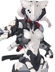 Rule 34 | 1girl, absurdres, breasts, commentary, facing viewer, floating hair, grey hair, hand up, highres, humanoid robot, joints, kuji-in, long hair, medium breasts, original, robot, robot girl, robot joints, science fiction, simple background, solo, thrusters, upper body, white background, yunimaru
