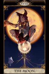 1girl beji-kun benikurage_(cookie) boots bow brown_hair brown_scarf card_(medium) cat checkered_clothes checkered_scarf closed_mouth commentary_request cookie_(touhou) fang fang_out fold-over_boots frilled_bow frilled_hair_tubes frills full_body glowing glowing_eyes hair_bow hair_tubes hakurei_reimu highres looking_at_viewer manatsu_no_yo_no_inmu medium_hair miura_cat moon night parted_bangs paw_pose red_bow roman_numeral scarf smile solo squatting tarot tarot_(medium) the_moon_(tarot) touhou white_boots yellow_eyes yellow_moon