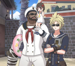 1girl 3boys arm_cannon asami_yutori barret_wallace barret_wallace_(junon_naval_crew) black_hair blonde_hair blue_sky brown_hair building cait_sith_(final_fantasy) cat child cloud cloud_strife cloud_strife_(maritime_sailor) cloudy_sky commentary_request cowboy_shot crossed_arms dark-skinned_male dark_skin facial_hair final_fantasy final_fantasy_vii final_fantasy_vii_ever_crisis final_fantasy_vii_rebirth final_fantasy_vii_remake flower gloves hair_flower hair_ornament hat highres holding holding_swim_ring innertube marlene_wallace multiple_boys neckerchief official_alternate_costume outdoors palm_tree red_neckerchief sailor_collar sailor_hat sailor_shirt shirt short_hair short_sleeves sitting sitting_on_shoulder sky spiked_hair sunglasses swim_ring tree upper_body vincent_valentine vincent_valentine_(formal_attire) weapon white_gloves white_hat white_shirt