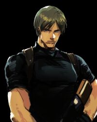 Rule 34 | 1boy, absurdres, assault rifle, biceps, black background, black gloves, black shirt, brown hair, chest harness, closed mouth, gloves, grey eyes, gun, harness, highres, holding, holding gun, holding weapon, isaacchief300, leon s. kennedy, looking at viewer, male focus, muscular, muscular male, resident evil, resident evil 4, rifle, shirt, solo, tight clothes, turtleneck, upper body, weapon