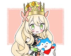 0drayveer8rlihn 1girl 1other bandana bandana_around_neck blonde_hair blue_fur bow butterfly_hair_ornament celine_(fire_emblem) crown dress dress_bow fire_emblem fire_emblem_engage gem green_eyes hair_ornament multicolored_hair nintendo orange_bow orange_gemstone orange_trim princess red_bandana solo sommie_(fire_emblem) split-color_hair two-tone_fur white_fur wrist_bow yellow_dress