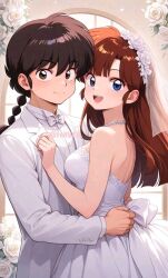 1boy 1girl blue_eyes bow bowtie brown_hair dress flower formal_clothes highres jacket kuonji_ukyou married ranma_1/2 red_hair saotome_ranma shirt smile suit tagme twitter_username watermark wedding_dress white_bow white_bowtie white_jacket white_shirt white_suit