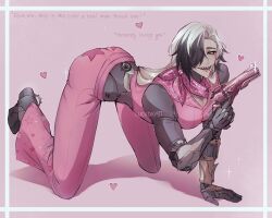 1boy absurdres all_fours artist_name bandana bandana_around_neck black_eyes black_hair boothill_(honkai:_star_rail) bullet bullet_in_mouth buttons commentary crossed_bangs cyborg english_commentary english_text gun hair_over_one_eye hand_up handgun heart highres holding holding_gun holding_weapon honkai:_star_rail honkai_(series) long_hair looking_at_viewer luciidkatt male_focus mole mole_under_eye mouth_hold multicolored_hair one_eye_covered open_mouth pants parted_bangs pink_background pink_bandana pink_pants pink_vest shadow sharp_teeth smile solo sparkle spurs star_(symbol) star_print streaked_hair teeth vest weapon white_hair