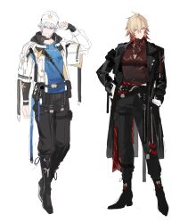Rule 34 | 0980kj, 2boys, absurdres, alternate costume, black jacket, black pants, blonde hair, closed mouth, full body, grey hair, highres, honkai: star rail, honkai (series), jacket, male focus, multicolored hair, multiple boys, muscular, muscular male, mydei (honkai: star rail), pants, phainon (honkai: star rail), red hair, short hair, smile, spiked hair, two-tone hair, white jacket
