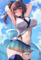 1girl aqua_skirt armpits arms_behind_head arms_up bar_censor bashamichi_hagemi blue_thighhighs blush bow breasts brown_hair censored crotchless crotchless_bikini gear_hair_ornament hair_bow hair_rings highres indie_virtual_youtuber kutan large_breasts leg_tattoo long_hair looking_at_viewer navel outdoors outline purple_outline skirt smile solo tattoo thighhighs yellow_eyes